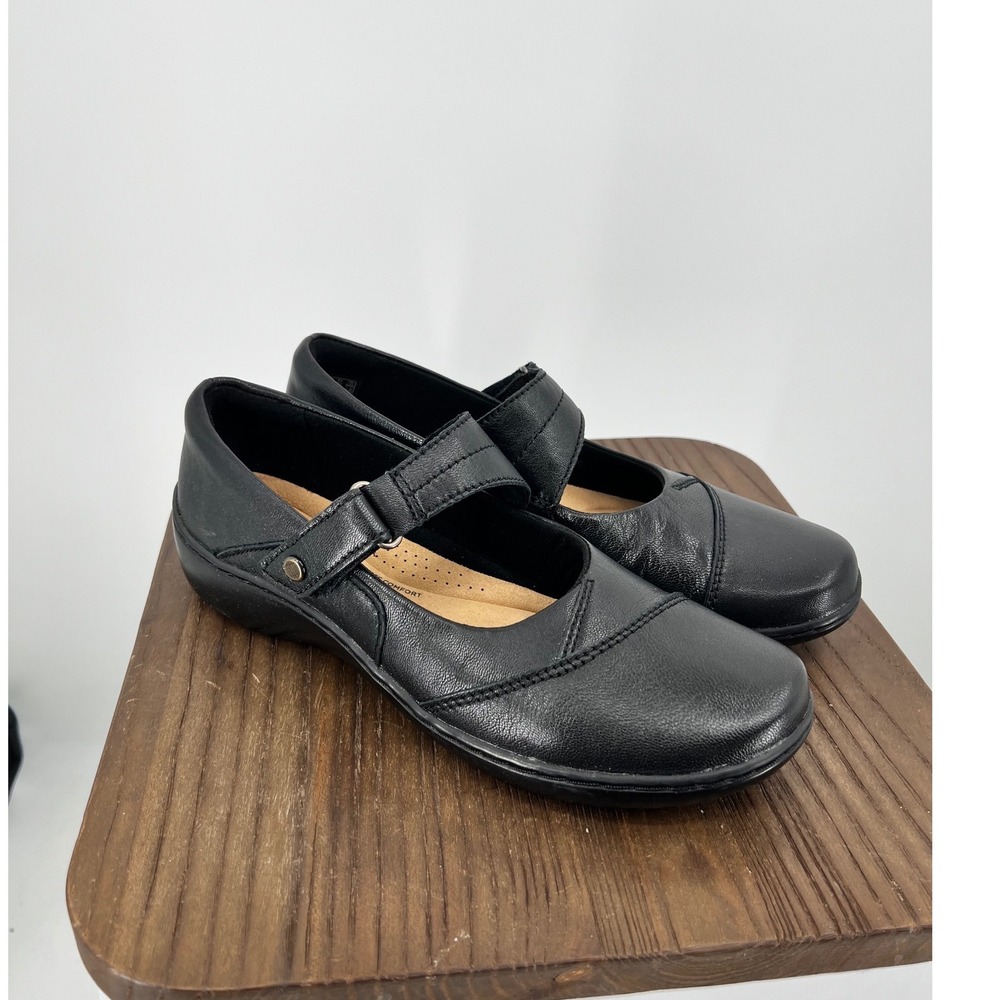 Clarks Cora Gema Black Leather Mary Jane Flats Shoes Womens 8.5 M NWT